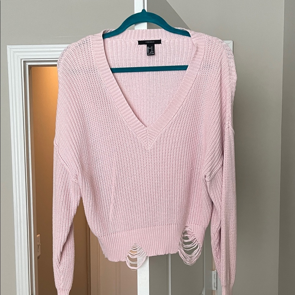 Forever 21 Light Pink Distressed V-Neck Sweater